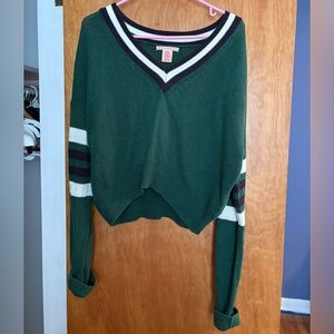 Urban Outfitters Forest Green V-Neck Sweater with Stripes